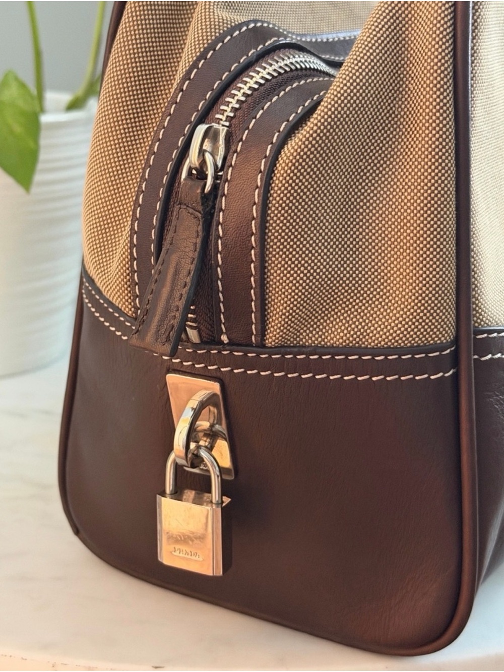 Prada Beige and Dark Brown Canvas Leather Satchel Vintage - Picture 2 of 10
